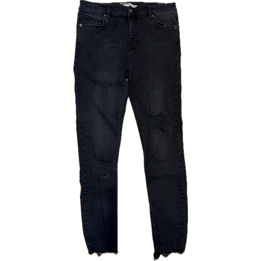 Free People Black Distressed Skinny Jeans W28R Frayed Hem Mid Rise Denim